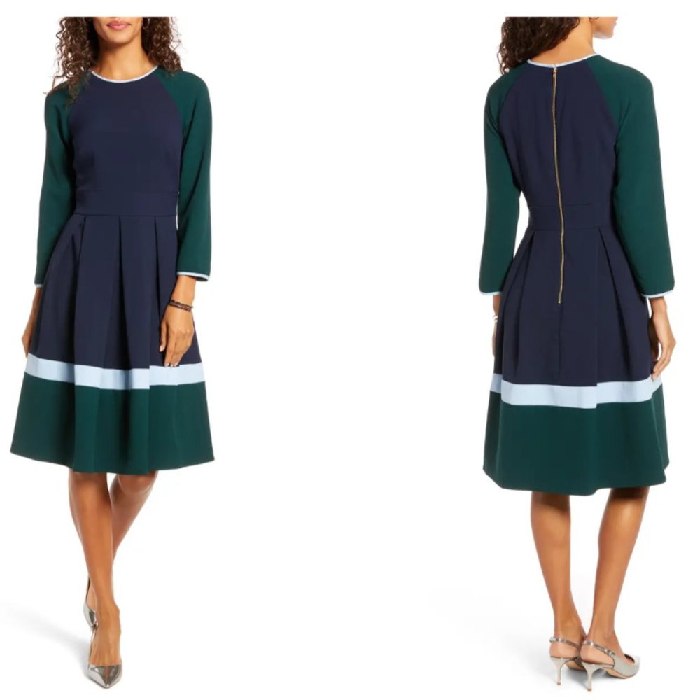 Smart Workwear Pleated Colorblock Long Sleeve Yellow Dress With Belt main image 0